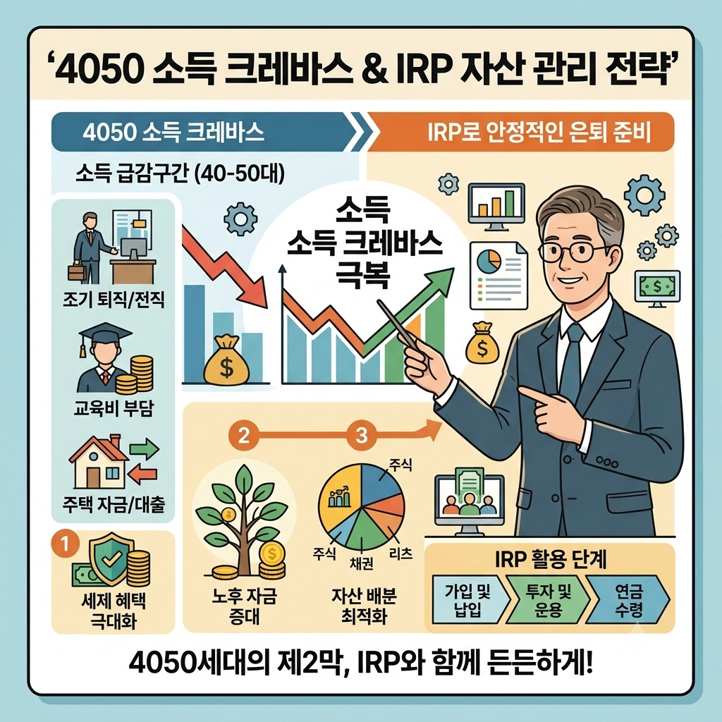 4050 소득 크레바스 대비 및 IRP 개인형 퇴직연금 자산 운용 전략 가이드 인포그래픽