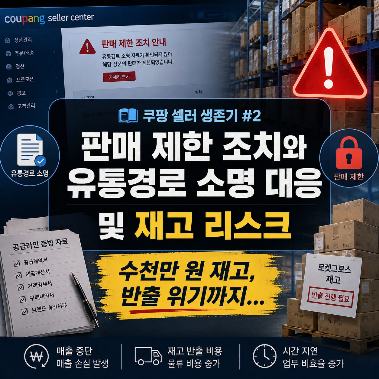 쿠팡 셀러 생존기 2편 카드뉴스 - 판매 제한 조치와 유통경로 소명 대응 및 재고 리스크